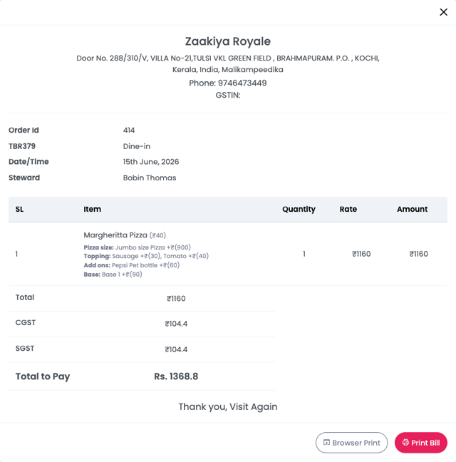 BistroBot GST-compliant restaurant bill — itemised with CGST and SGST