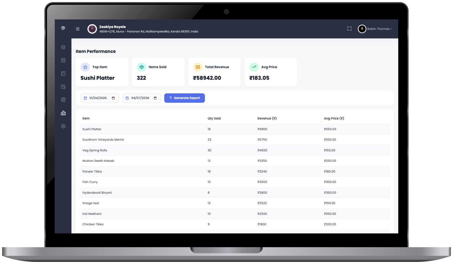 BistroBot Analytics — item performance report with top items, quantity sold and revenue