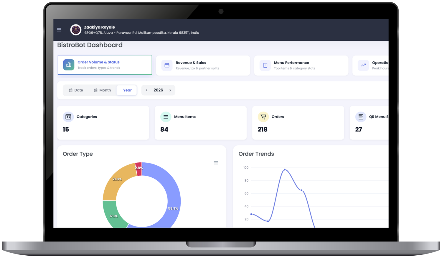BistroBot Business Portal dashboard — orders, revenue and menu performance — shown on a laptop