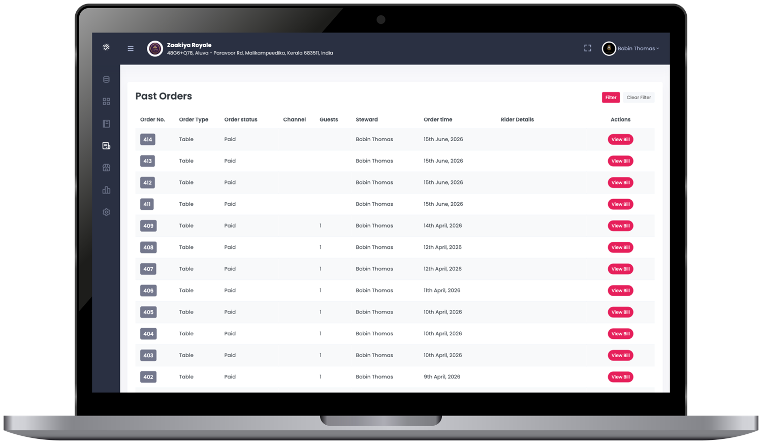BistroBot unified order list — dine-in, Swiggy and Zomato orders with type, channel, status and rider details