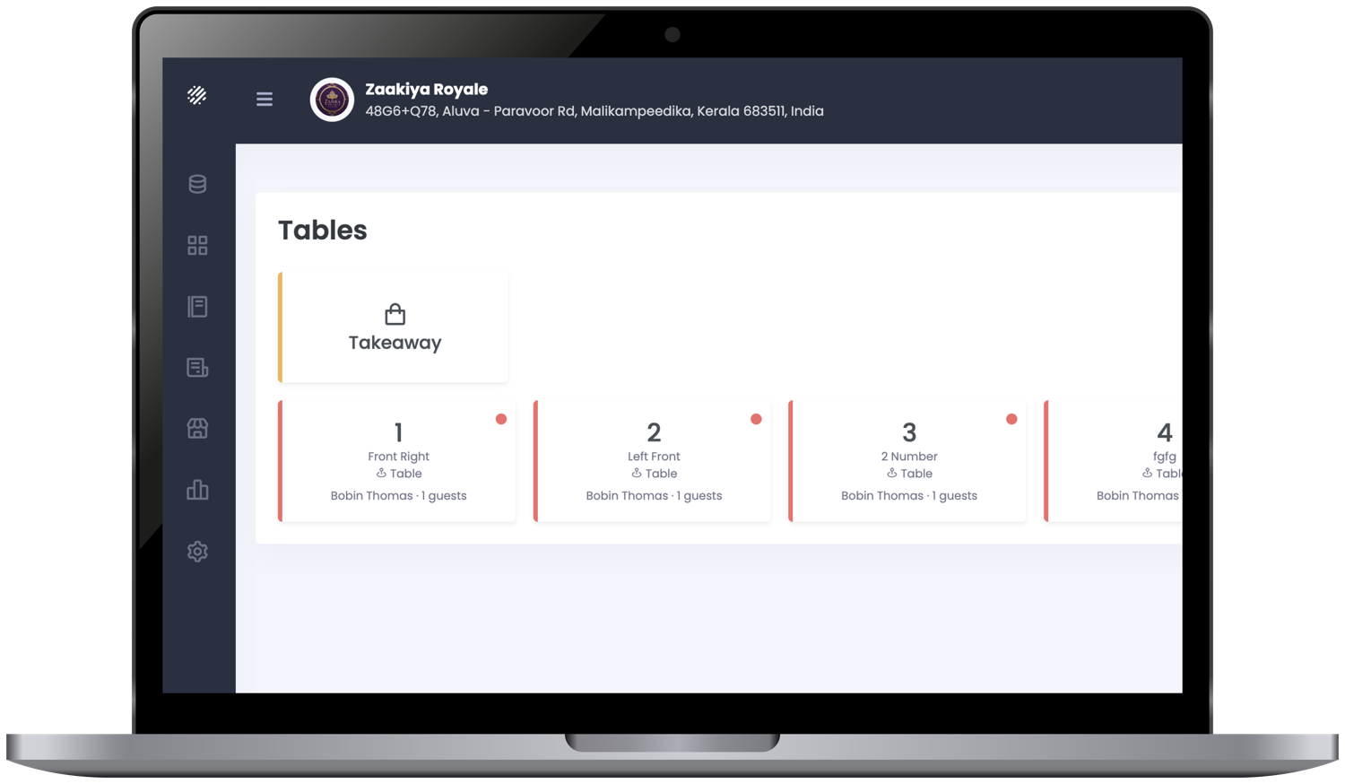 BistroBot Cloud Web POS — the live table floor in the browser, with each table's status, guests and a takeaway counter